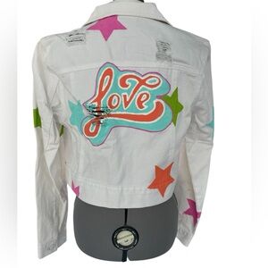 Blue Spice 100% Cotton Upcycled Love & Stars White Denim Jacket Size Large